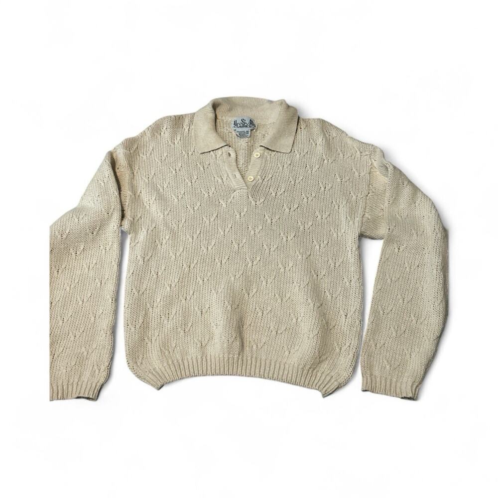 Vintage L.S.A Classics Knit Sweater Geek‎ medium Beige 90S Y2K Collar Pullover